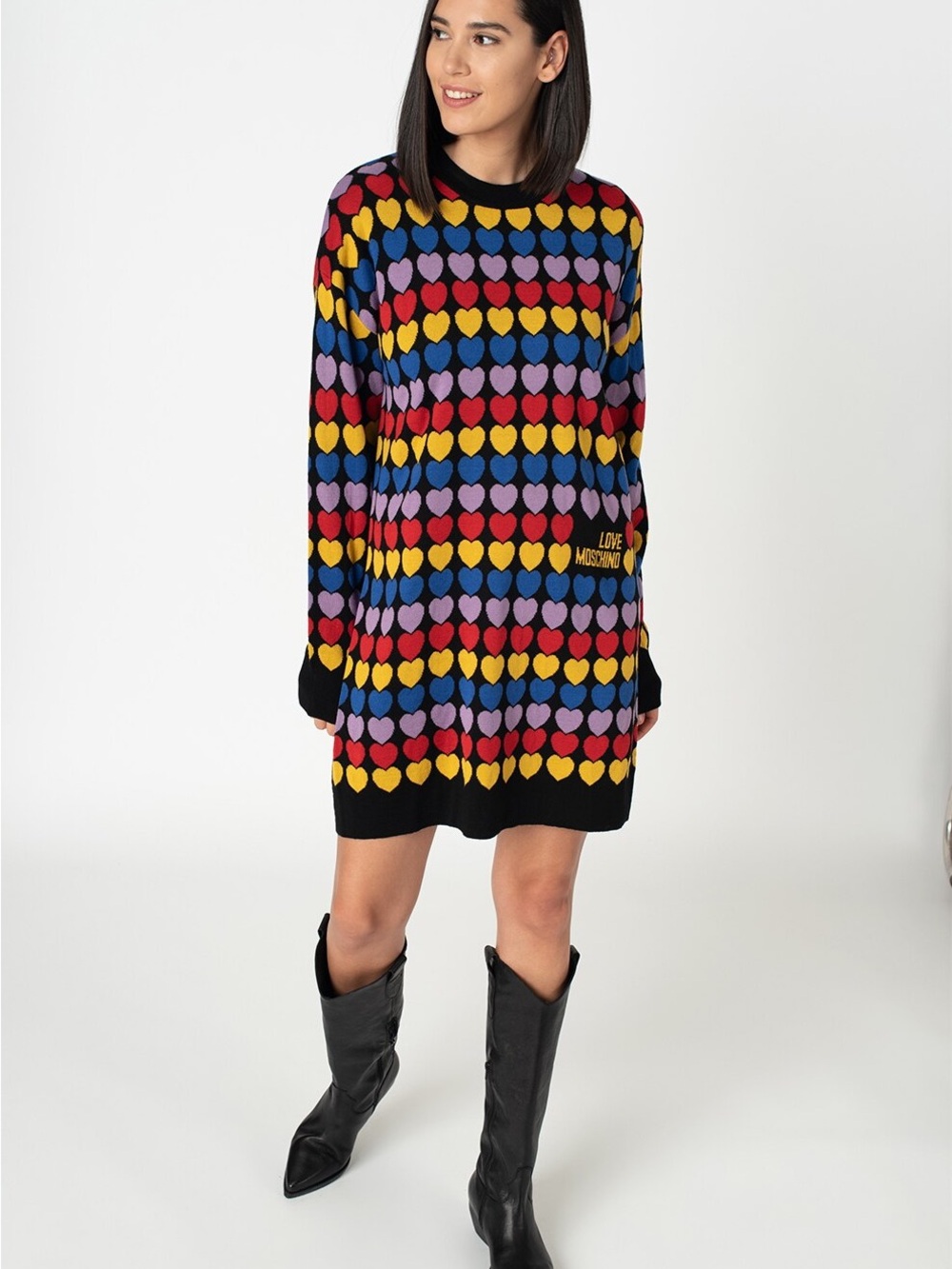 Love Moschino Multicolor Heart Wool Blend Knit Sweater Dress IT 42